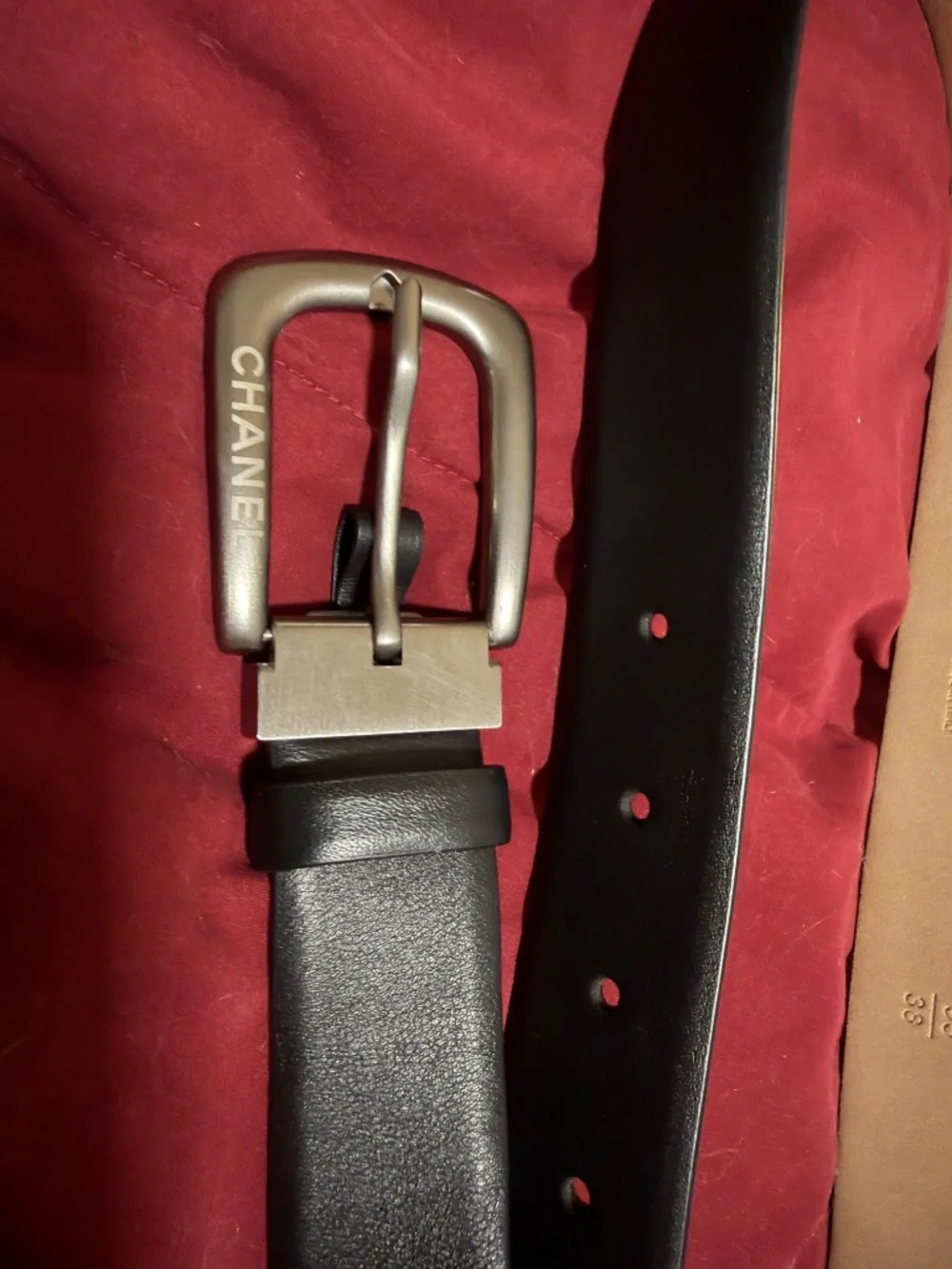 Chanel Belt 95/38 black calf leather with brushed silver buckle. $300 firm.